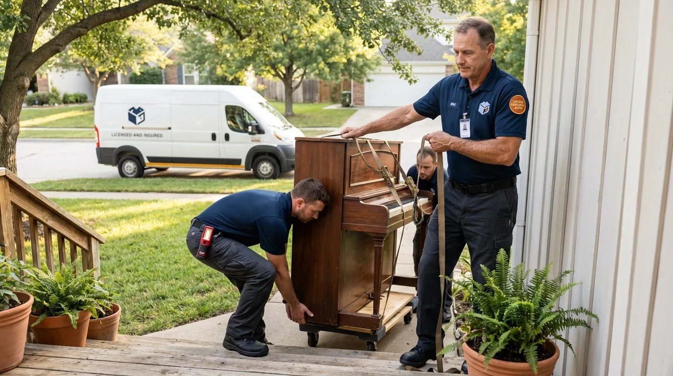 Licensed piano movers securing grand piano in Brandon, MS