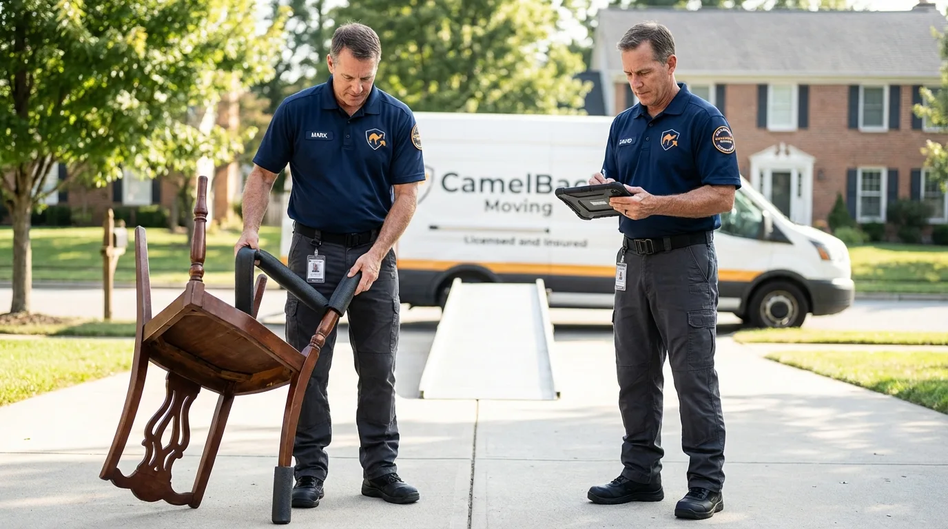 Movers inspecting furniture for damage prevention before loading in Brandon, MS