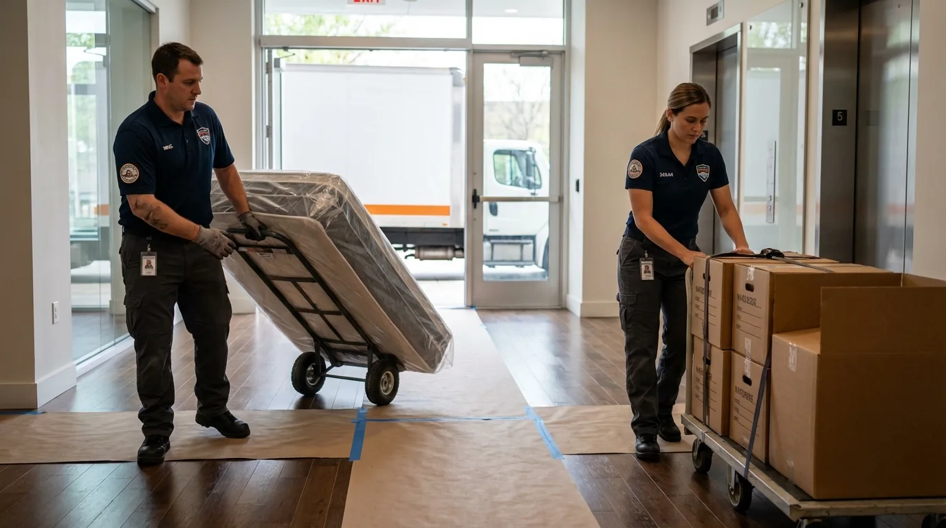 Professional apartment movers loading elevator in Brandon, MS